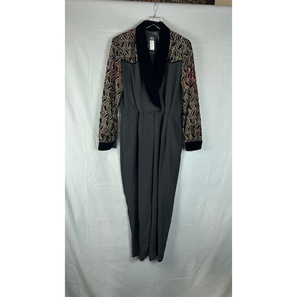 Vintage J.S.J. Jumpsuit Women's 14P Black Metallic Burnout Velvet Shawl Collar